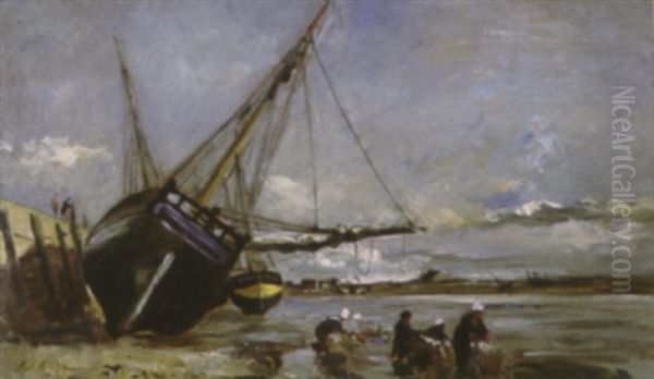 Gathering Shellfish At Low Tide Oil Painting by Karl Pierre Daubigny