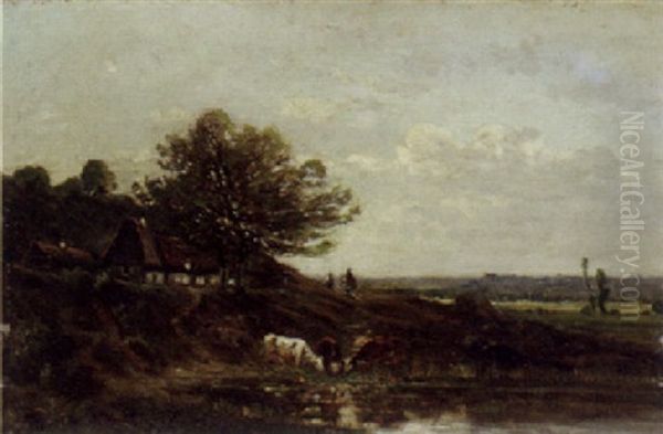 Cows Watering By The Rivers Edge Oil Painting by Karl Pierre Daubigny