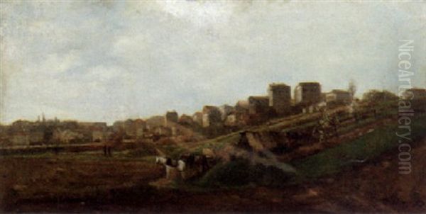 A Farm Near A Hillside Village Oil Painting by Karl Pierre Daubigny