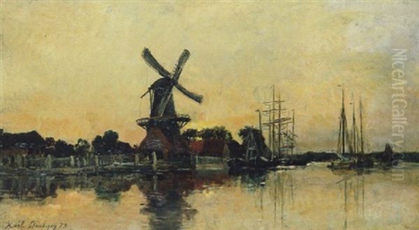 Moulin Au Soleil Couchant Oil Painting by Karl Pierre Daubigny