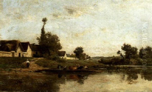 Le Passage De La Bac Sur L'etang De Longpre Oil Painting by Karl Pierre Daubigny