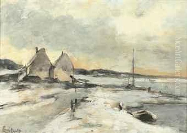 Lake View In Winter Oil Painting by Louis Apol