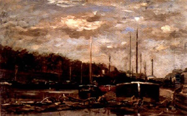 Barges Moored On The Seine Oil Painting by Karl Pierre Daubigny