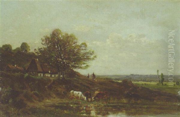 Cows Watering By The Rivers Edge Oil Painting by Karl Pierre Daubigny