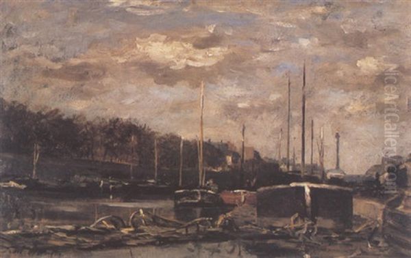 Barges Moored On The Seine by Karl Pierre Daubigny