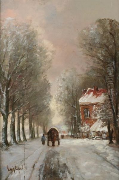 Winter Scene With Horse Drawn Carriage Oil Painting by Louis Apol