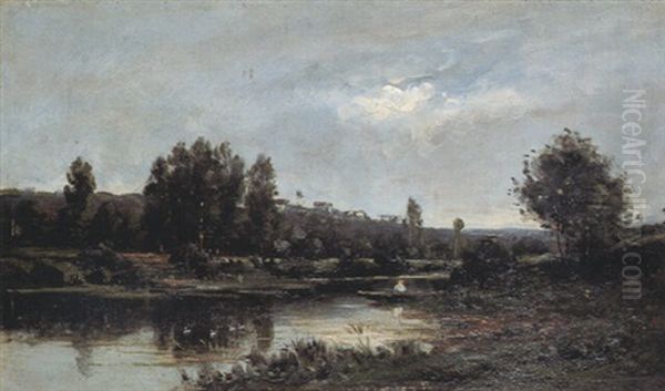 Flusslandschaft Mit Fischerboot Oil Painting by Karl Pierre Daubigny