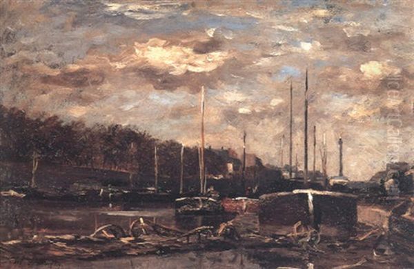 Barges Moored On The Seine Oil Painting by Karl Pierre Daubigny