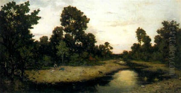 Le Repos Du Chasseur Au Bord De La Riviere Oil Painting by Karl Pierre Daubigny