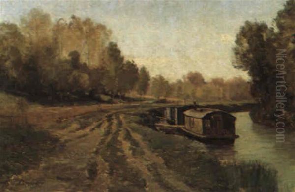 Fluslandschaft Mit Hausbooten Am Ufer Oil Painting by Karl Pierre Daubigny