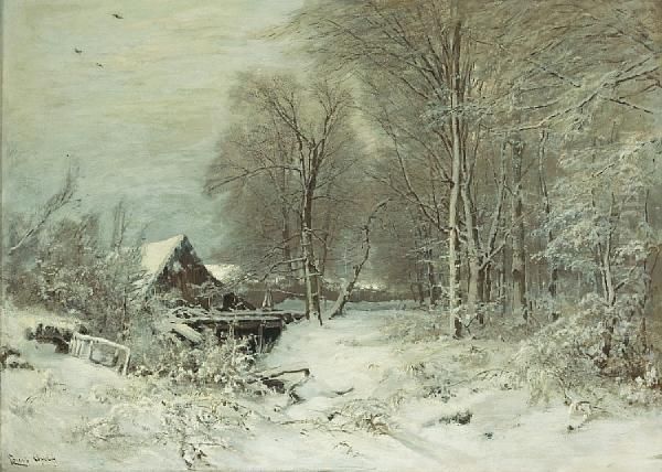 A Cottage In A Snowy Landscape Oil Painting by Louis Apol