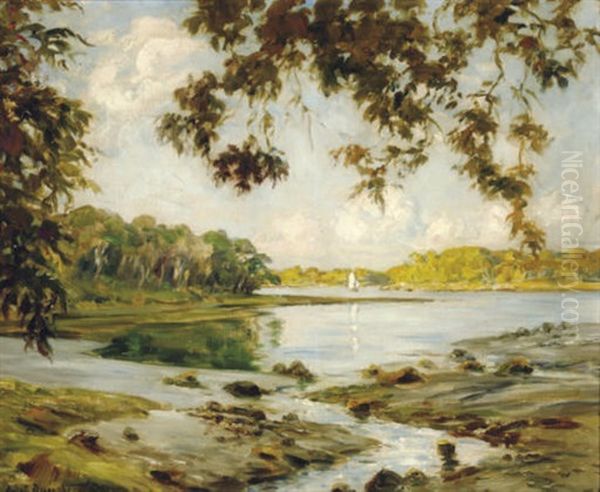 Verdant River Landscape Oil Painting by Andre Eugene Dauchez