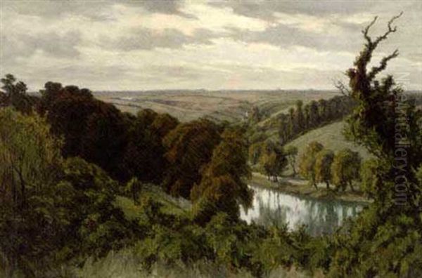 A River Through Wooded Pasture Oil Painting by Andre Eugene Dauchez