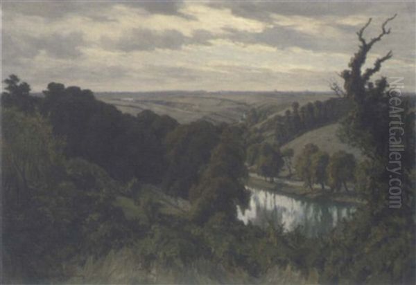 A River Winding Through Wooded Pasture Oil Painting by Andre Eugene Dauchez