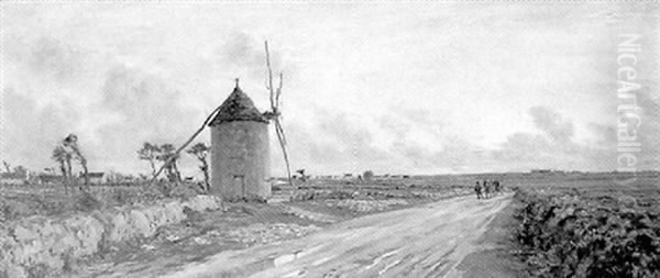 A Windmill In An Extensive Landscape Oil Painting by Andre Eugene Dauchez