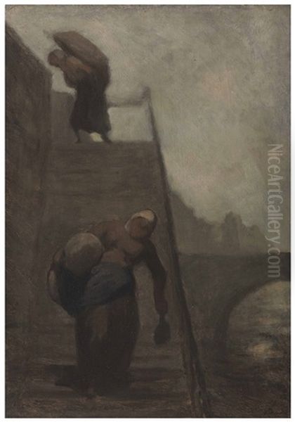 Les Laveuses Du Quai D'anjou (les Blanchisseuses-les Laveuses Sur L'escalier) Oil Painting by Honore Daumier