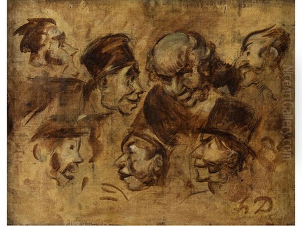 Sieben Karikaturkopfe Oil Painting by Honore Daumier