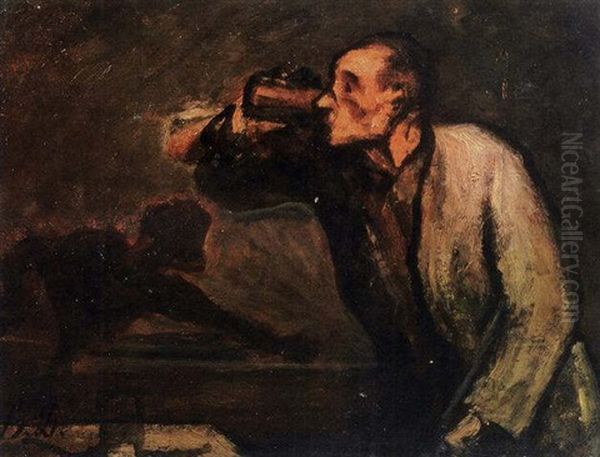 Joueurs De Billard (le Buveur) Oil Painting by Honore Daumier