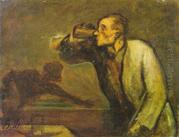 Joueurs De Billard (le Buveur) Oil Painting by Honore Daumier