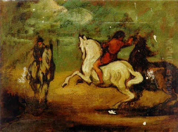 Deux Cavaliers Avec Chevaux Oil Painting by Honore Daumier