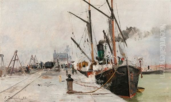 <port De Calais> Oil Painting by Eugene Baptiste Emile Dauphin