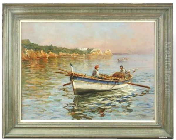 Neapolitan Fisherman At Dawn In The Mediterranean In A Blue, Yellow And White Painted Rowing Boat Oil Painting by Eugene Baptiste Emile Dauphin