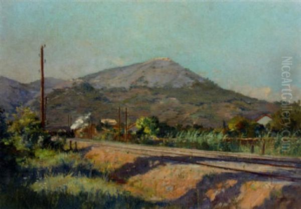 A Train Running Through A Mediterranean Landscape Oil Painting by Eugene Baptiste Emile Dauphin