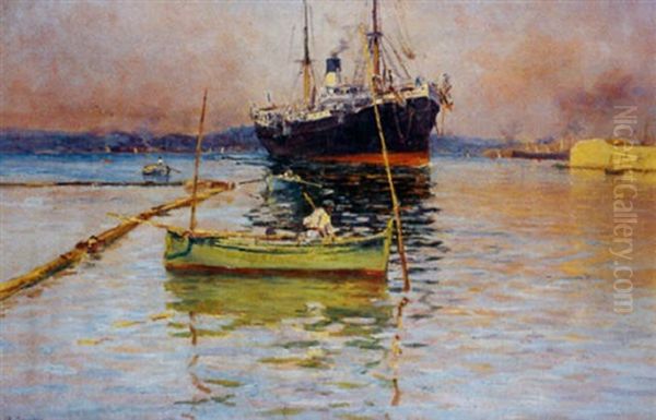 Barques De Peche Et Cargo Dans La Rade Oil Painting by Eugene Baptiste Emile Dauphin