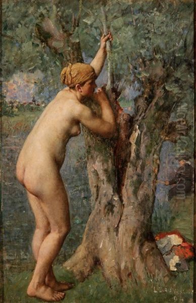 Female Nude Bather In River Landscape by Louis Dauvergne