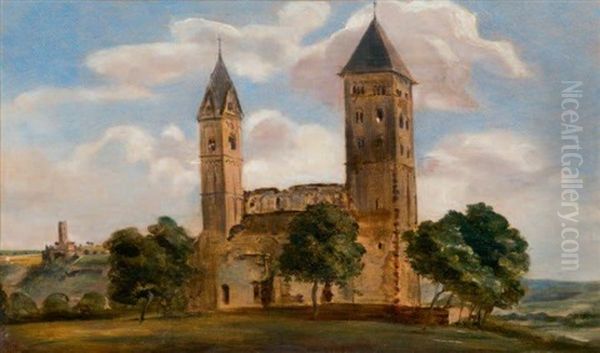 Etude D'eglise Romane Dans Un Paysage Vallonne Oil Painting by Adrien Dauzats