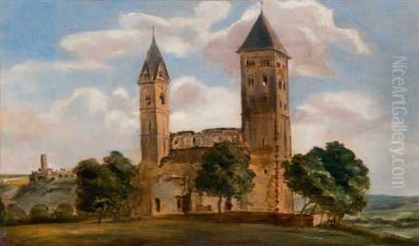 Etude D'eglise Romane Dans Un Paysage Vallonne (study) Oil Painting by Adrien Dauzats