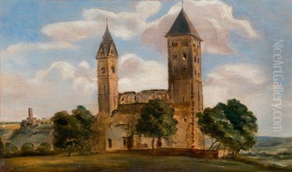 Etude D'eglise Romane Dans Un Paysage Vallonne (study) Oil Painting by Adrien Dauzats