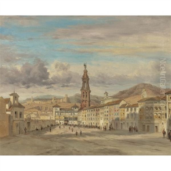 Plaza De San Francisco In Antequera Oil Painting by Adrien Dauzats