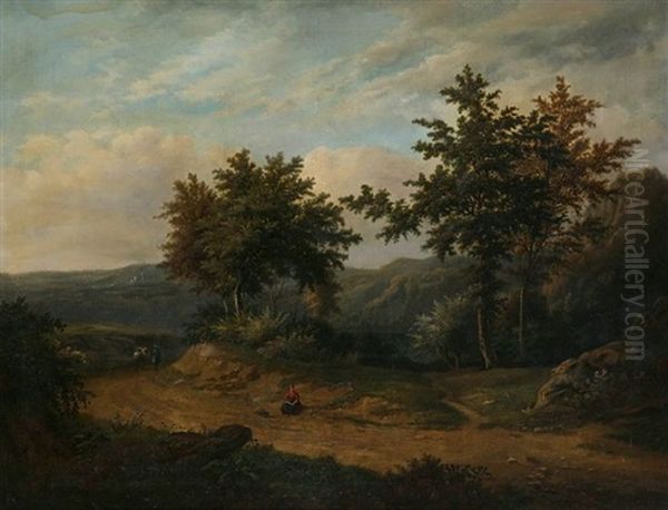 Animated Mediterranean Mountainous Landscape With Travellers Oil Painting by Jean-Baptiste Davelooze