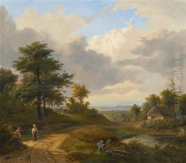 Spazierganger Am Wegrand In Einer Weiten Landschaft Oil Painting by Jean-Baptiste Davelooze