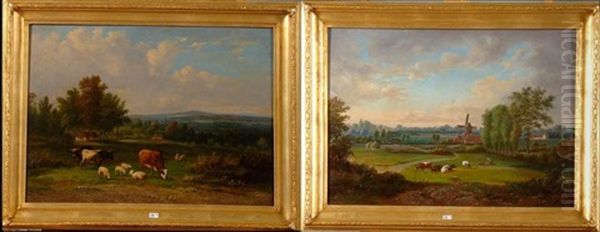 Paysage Aux Vaches (+ Paysage Aux Moutons; Pair) Oil Painting by Jean-Baptiste Davelooze