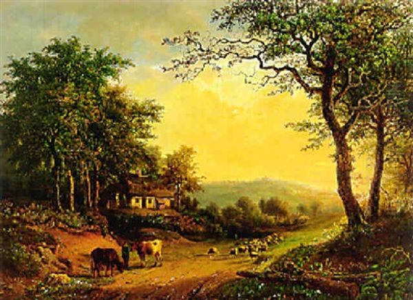 A Panoramic Wooded Landscape With A Herdsman And His Flock On A Sandy Track At Dusk Oil Painting by Jean-Baptiste Davelooze