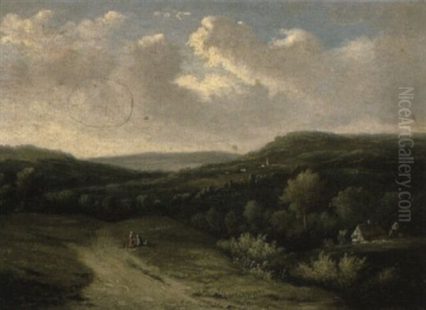 Figures In An Extensive Landscape Oil Painting by Jean-Baptiste Davelooze