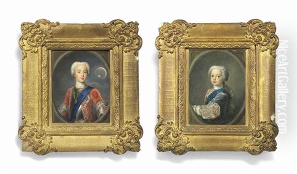 A Pair Of Miniatures: Prince Charles Edward Stuart (1720-1788), Known As Bonnie Prince Charlie Or The Young Pretender, Wearing The Blue Sash And Breast-star Of The Order Of The Garter And The Green Ribbon And Badge Of The Order Of The Thistle; Together Wi Oil Painting by Antonio David