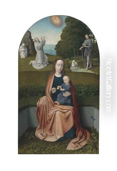 The Virgin And Child With The Stigmatization Of Saint Francis Of Assisi And Saint John The Baptist In The Wilderness (in Collab. W/workshop) Oil Painting by Gerard David