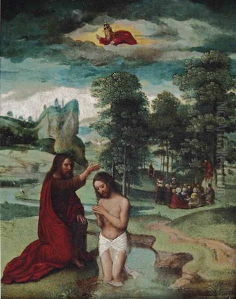 The Baptism Of Christ, Saint John The Baptist Preaching In A Wooded Glen Beyond Oil Painting by Gerard David