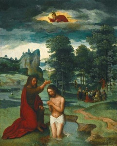 The Baptism Of Christ In A Landscape With The Preaching Of St. John The Baptist In The Background Oil Painting by Gerard David