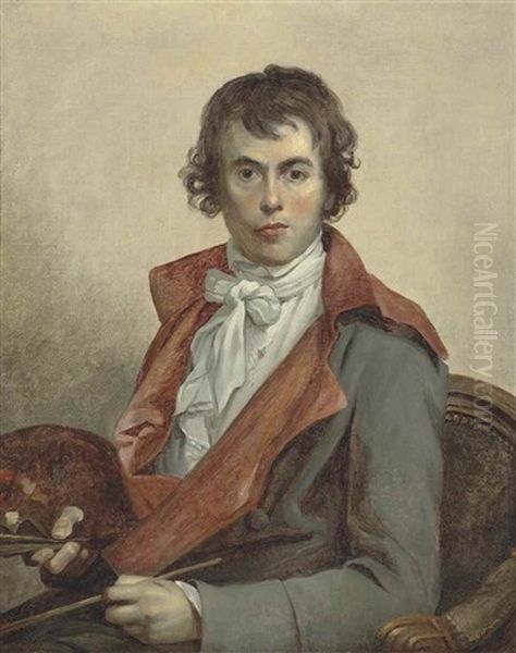 Portrait Of The Artist, Three-quarter-length, Holding A Palette And Brushes Oil Painting by Jacques-Louis David