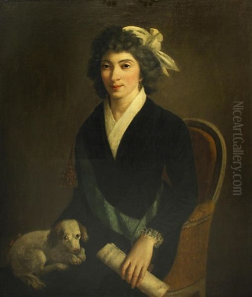 A Portrait Of A Woman, Three-quarter Length, Seated, With A Dog In Her Lap And Holding A Sheet Of Music In Her Left Hand Oil Painting by Jacques-Louis David