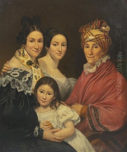 Portrait D'une Mere Et De Ses Deux Filles, Avec Une Fillette Tenant Une Orange Oil Painting by Jacques-Louis David