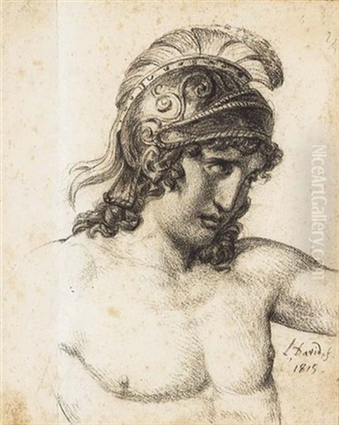 Homme Nu En Buste, Coiffe D'un Casque Antique Oil Painting by Jacques-Louis David