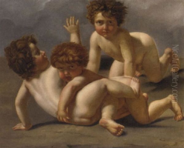 The Intervention Of The Sabine Women: A Foreground Detail Of Three Boys Oil Painting by Jacques-Louis David