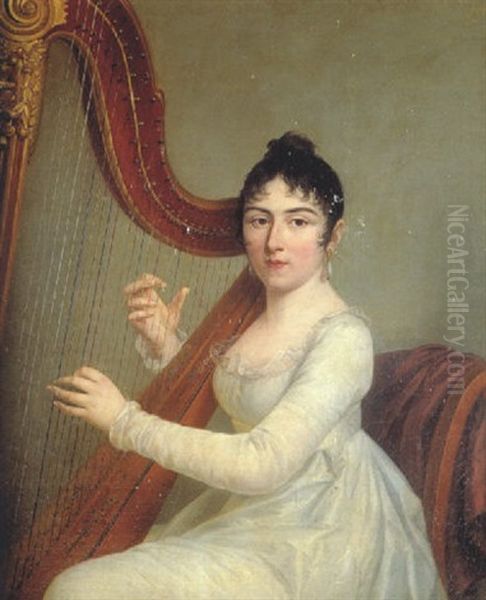 Portrait De Jeune Femme Jouant De La Harpe Oil Painting by Jacques-Louis David