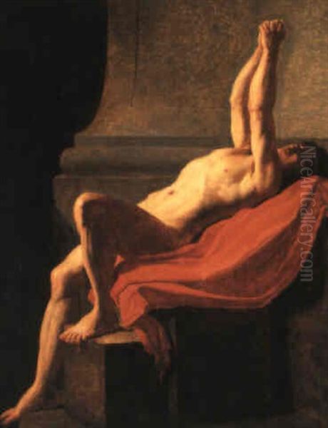 Nude Lying On A Red Cloak, His Arms Raised In An Attitude Of Supplication Oil Painting by Jean Louis David