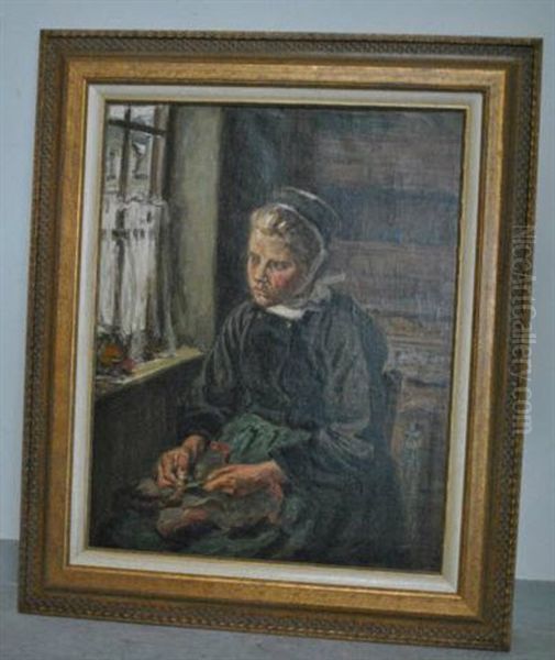 Jeune Bretonne Pres De Sa Fenetre (le Faouet?) Oil Painting by Germain David-Nillet